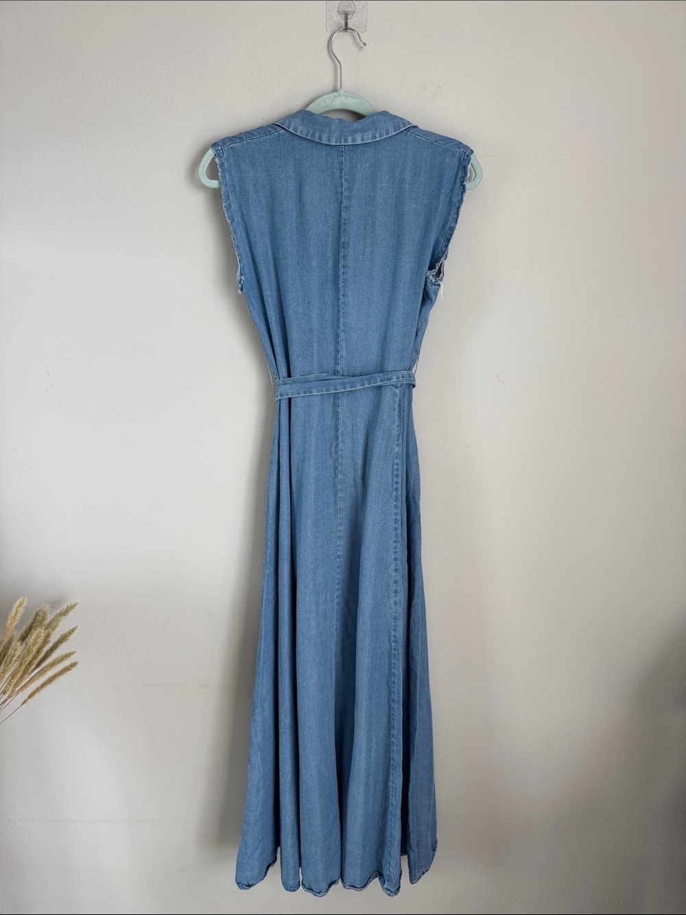 Zara Lyocell Denim Maxi Shirt Dress XS Blue Belted Button Front Sleeveless Boho - Picture 7 of 10